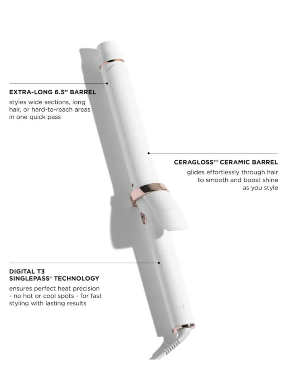 NEW T3 SinglePass 1.25 Inch Curl X Ceramic Extra-Long Barrel Curling Iron White - Picture 3 of 5
